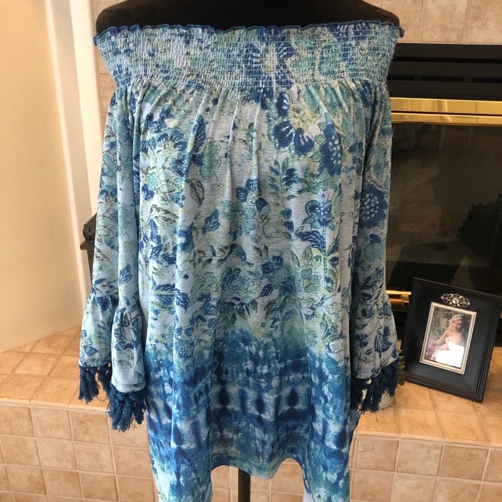 Off the shoulder blue blouse
